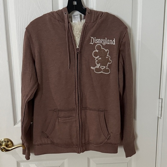 Disney Sweaters - Disney parks Mickey Brown Zip-Up Hoodie 55 anniversary fleece lined size medium